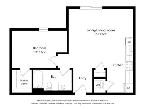 Floor plan for 1 bed, 1 bath, 699 sqft